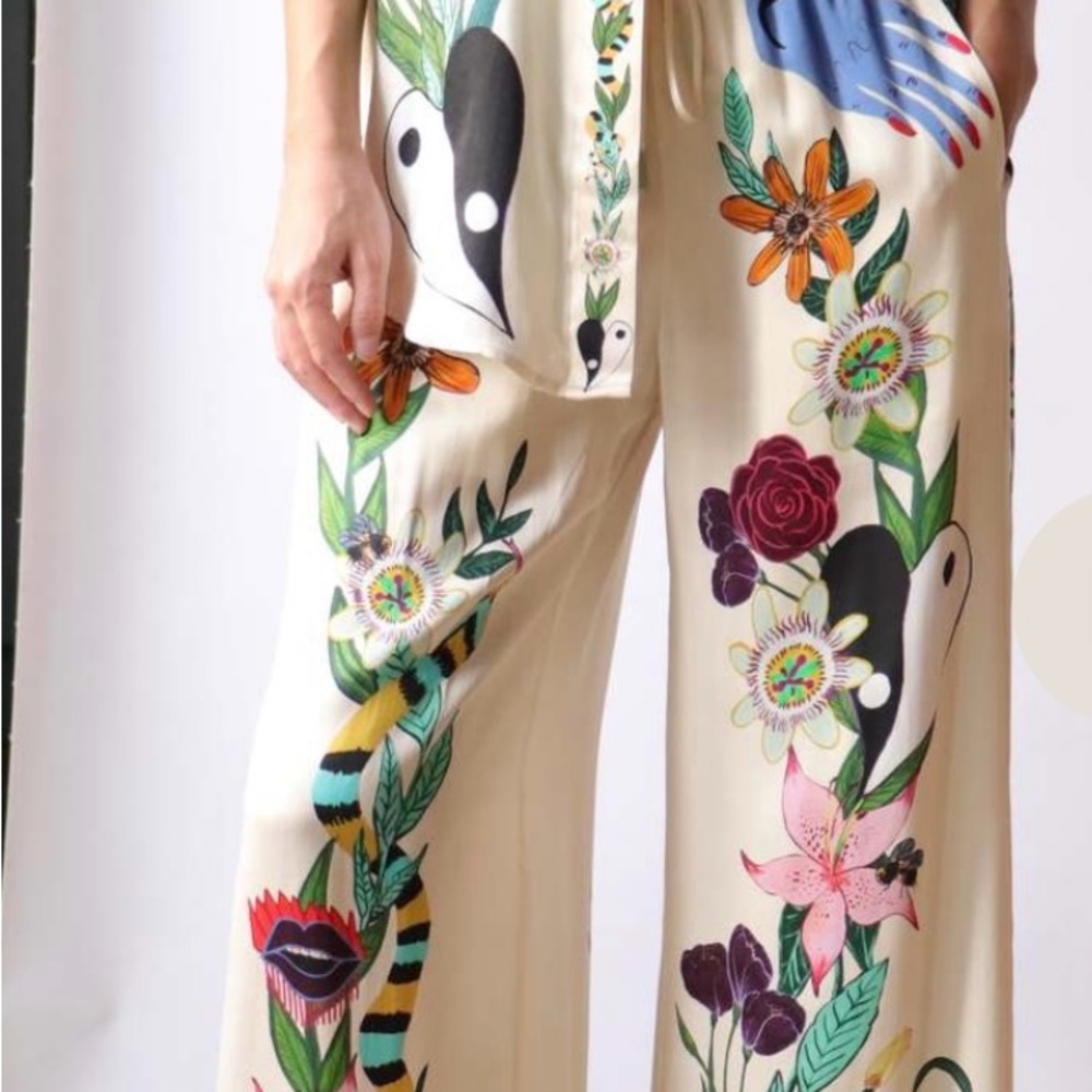 Floral Snake Print Wide-Leg Pants
